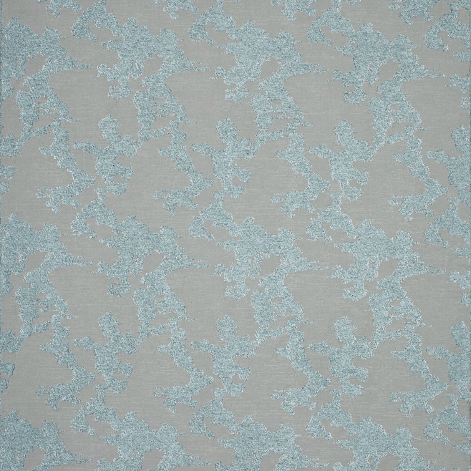 Abstract sea-glass blue pattern on a muted taupe-grey woven fabric swatch