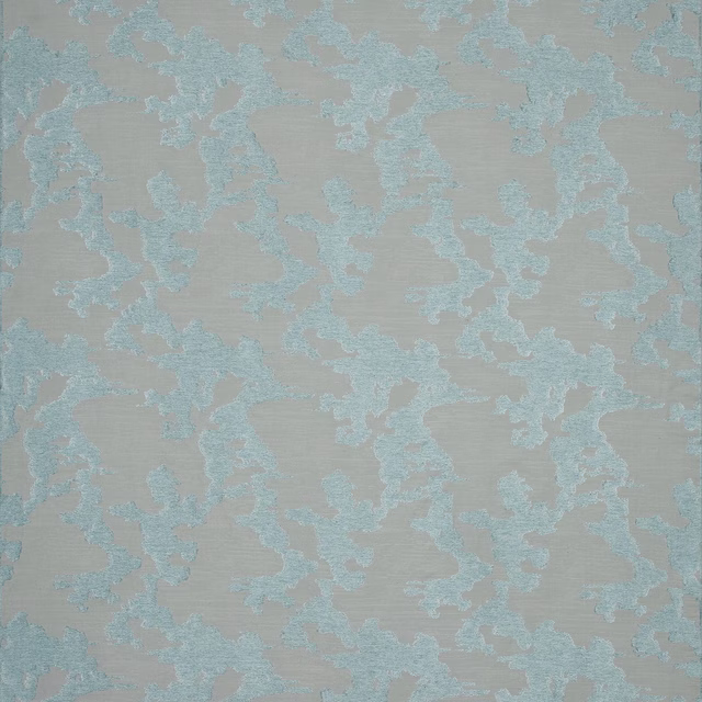 Abstract sea-glass blue pattern on a muted taupe-grey woven fabric swatch