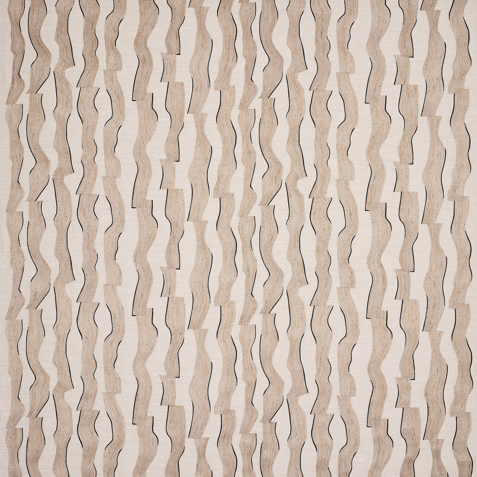Abstract vertical beige woven fabric with wavy stripes and fine dark outlines