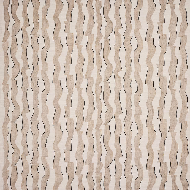 Abstract vertical beige woven fabric with wavy stripes and fine dark outlines
