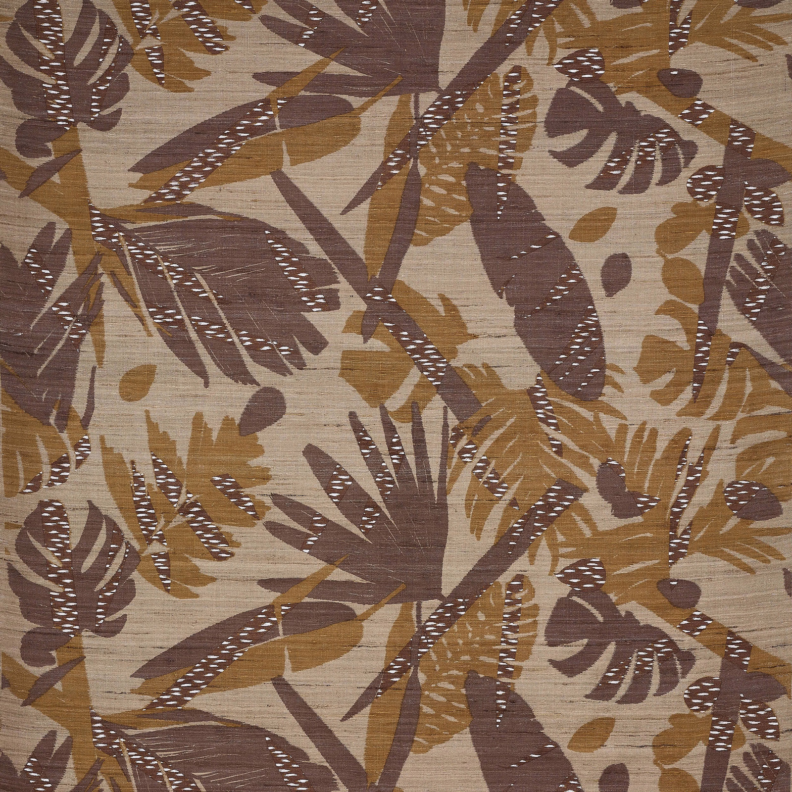 Large leaf-patterned silk swatch in nutmeg brown, ochre and taupe on a pale ground