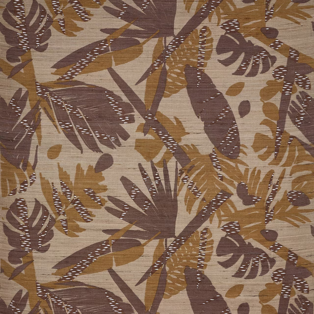 Large leaf-patterned silk swatch in nutmeg brown, ochre and taupe on a pale ground