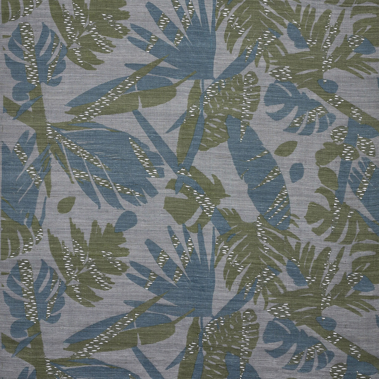 Blue and sage palm-leaf silk fabric on a pale grey ground with textured sheen
