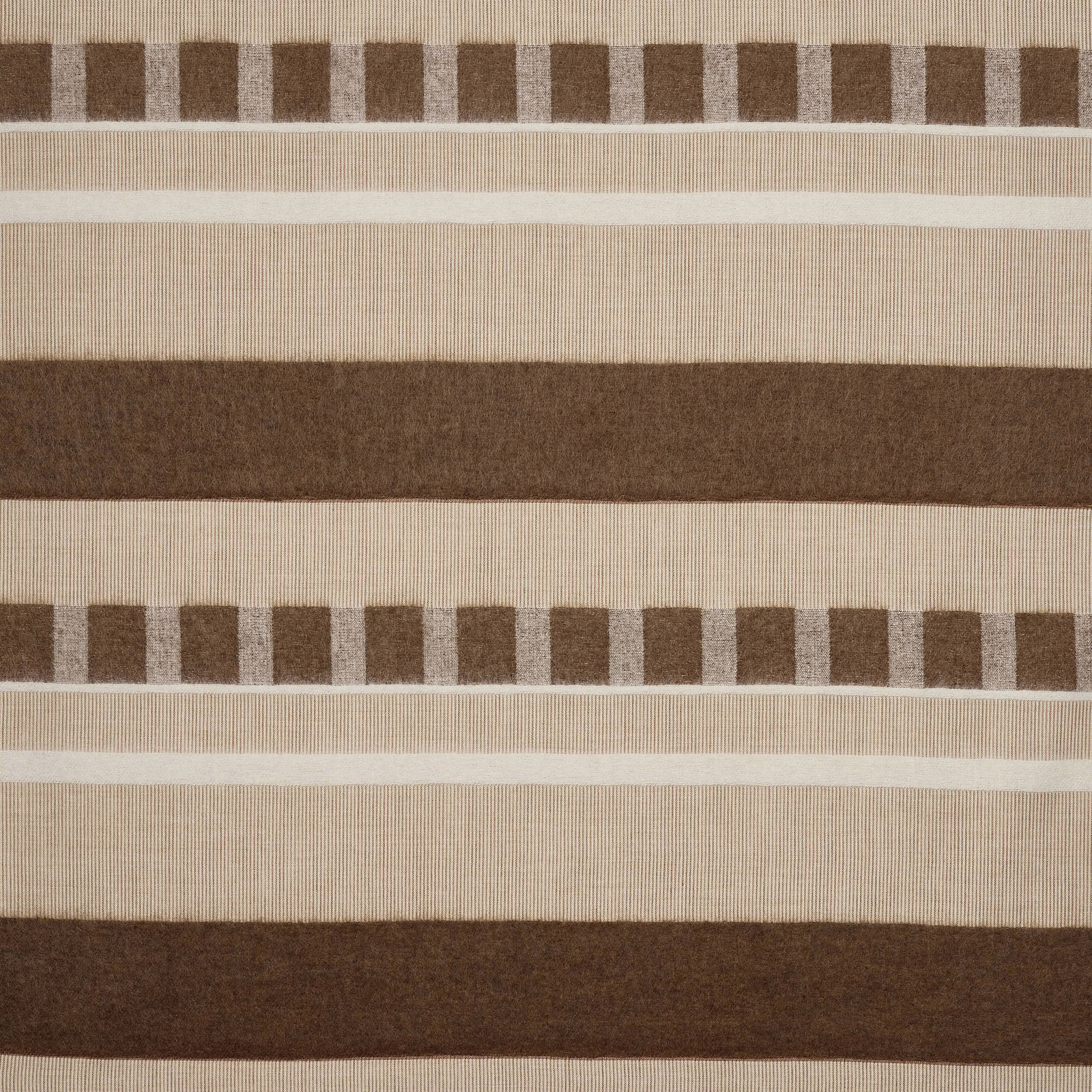 Brown and cream striped fabric swatch with broad woven bands and narrow ticks