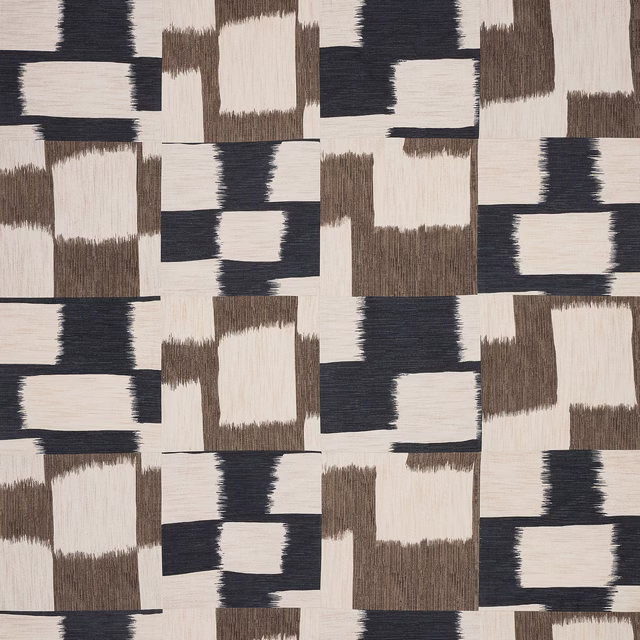 Charcoal, ivory and taupe geometric cotton fabric with blocky woven rectangles
