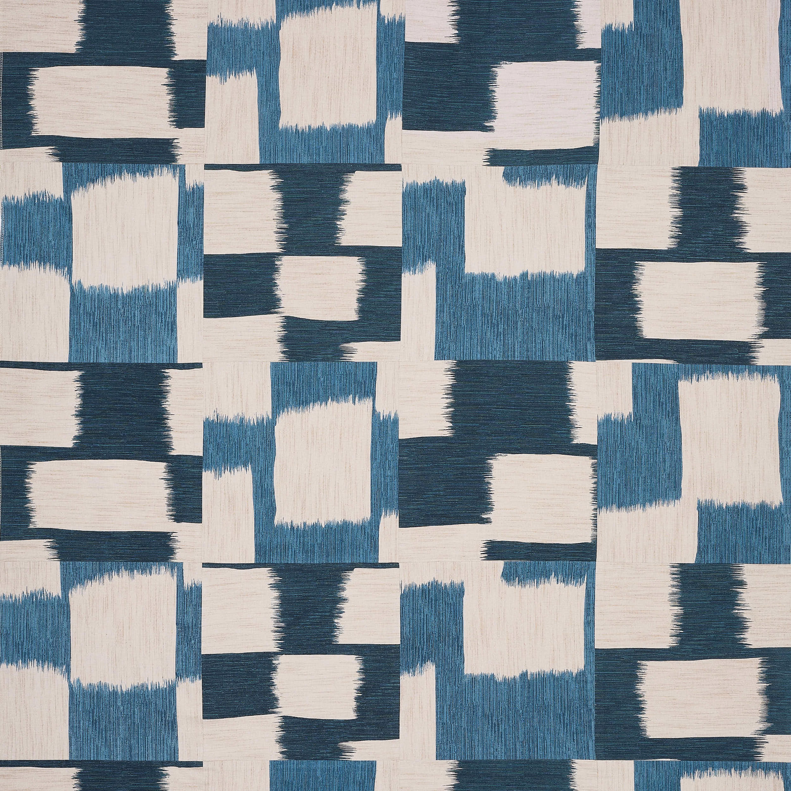 Blue, teal and ivory geometric cotton fabric with a large woven block repeat