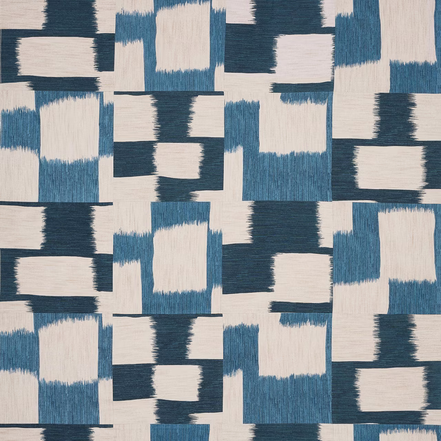 Blue, teal and ivory geometric cotton fabric with a large woven block repeat