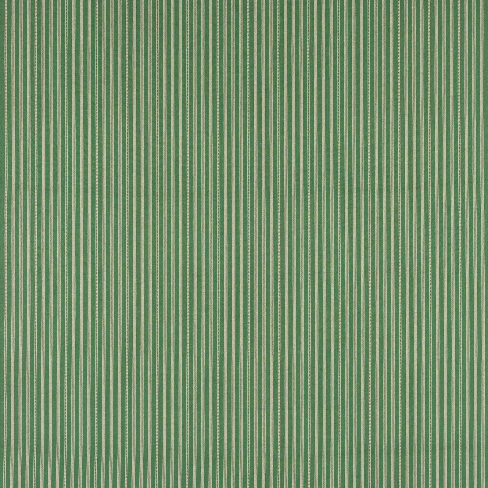 Green cotton fabric with fine vertical pale stripes and crisp woven texture
