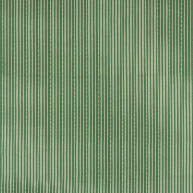Green cotton fabric with fine vertical pale stripes and crisp woven texture