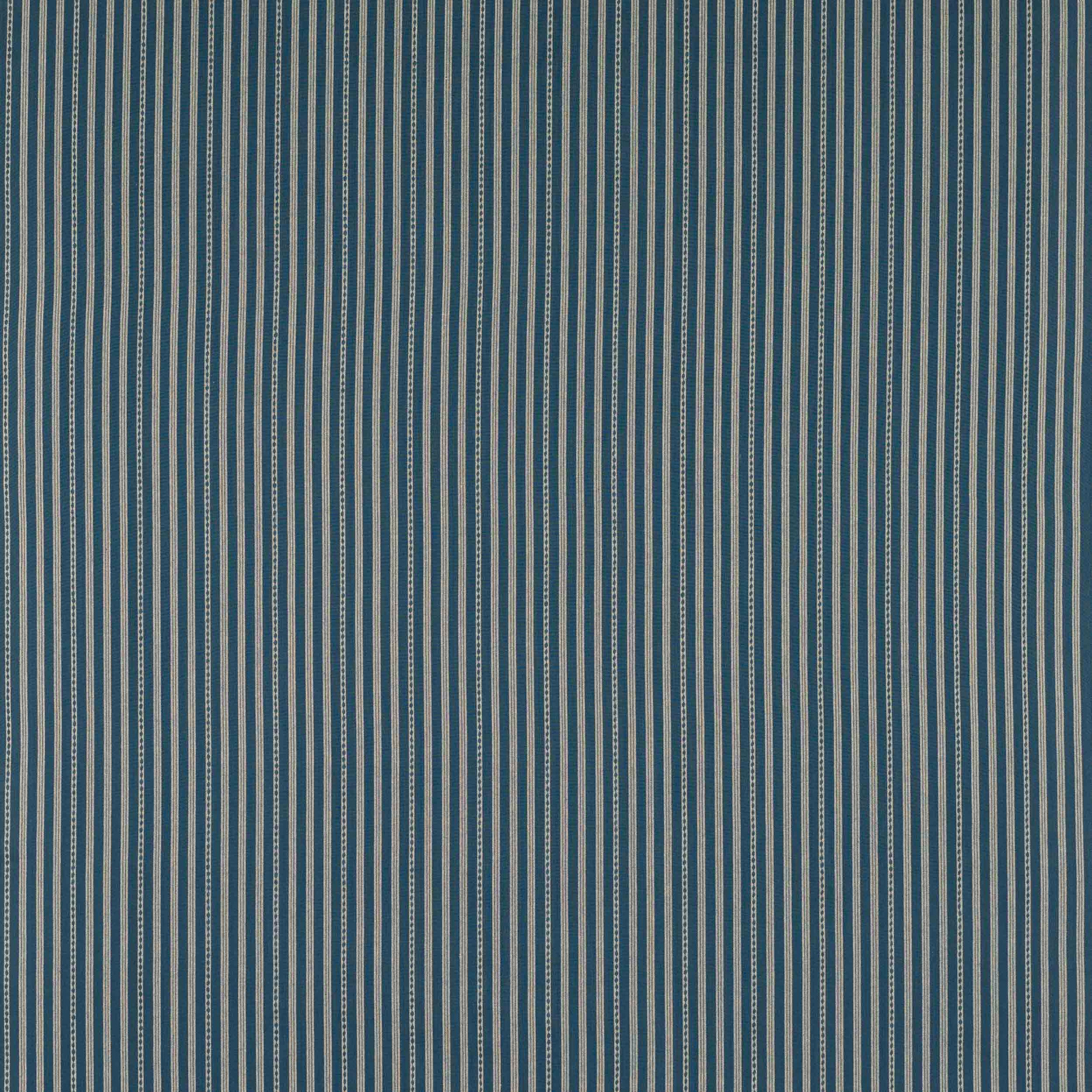 Teal indigo cotton fabric with fine vertical cream and pale blue stripes