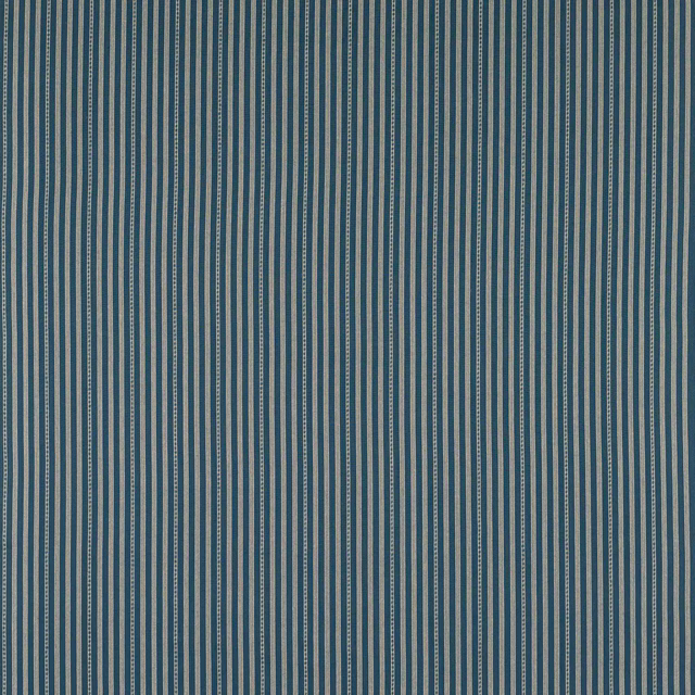 Teal indigo cotton fabric with fine vertical cream and pale blue stripes