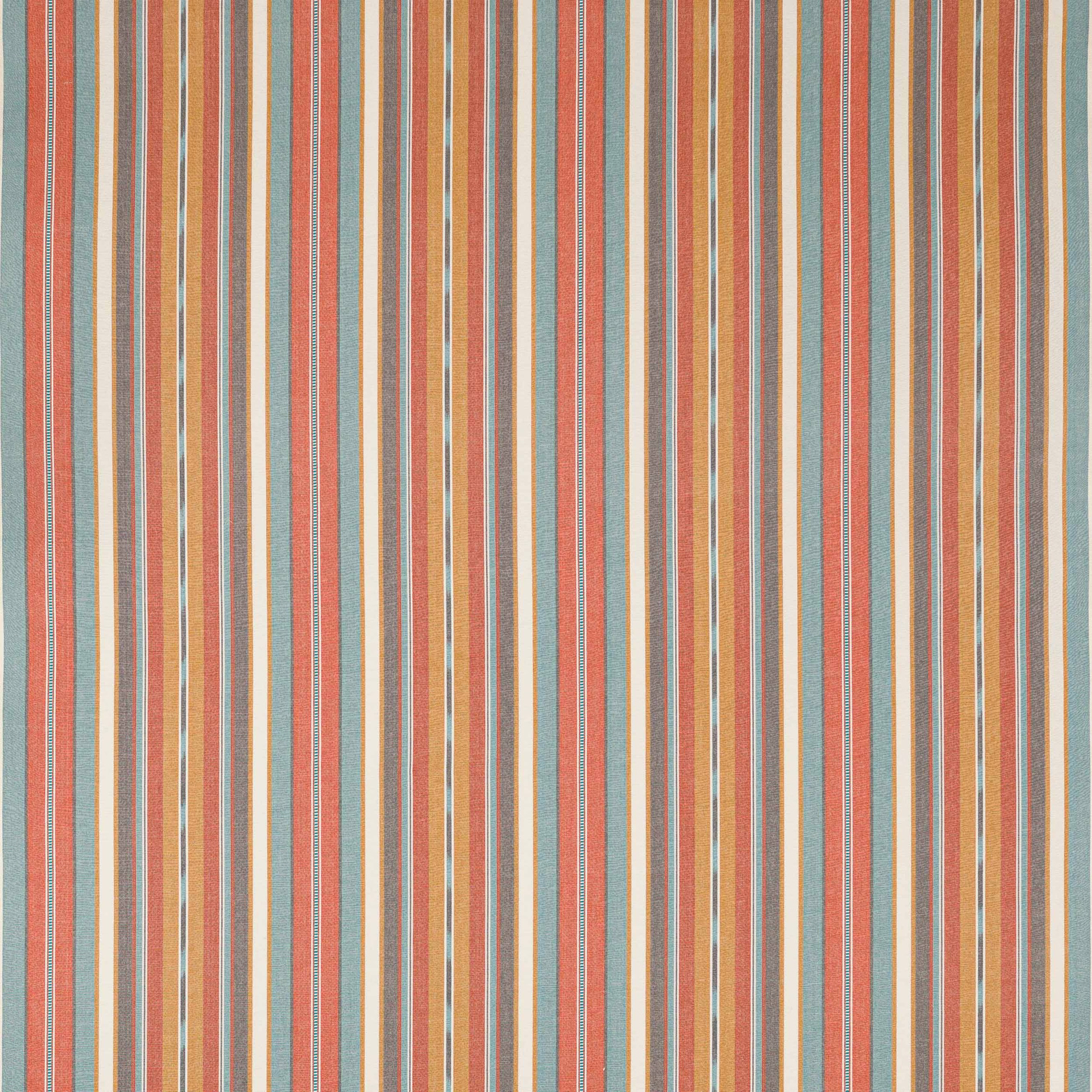Vertical multicolour stripe fabric with tomato, blue, gold and cream bands