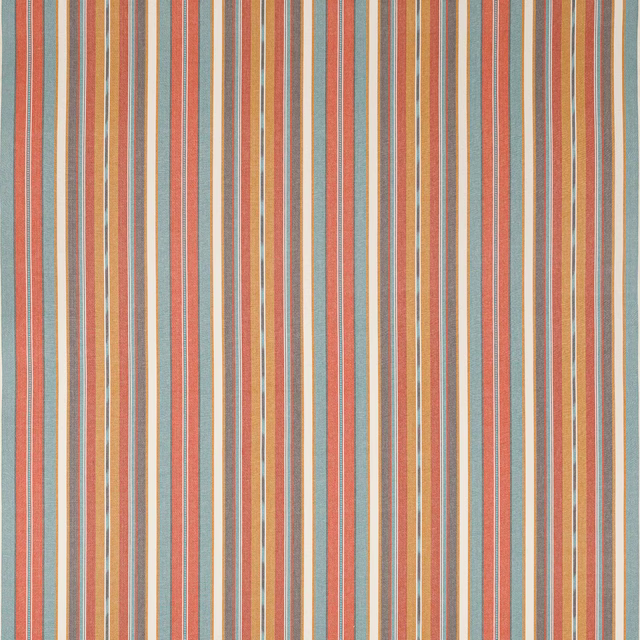 Vertical multicolour stripe fabric with tomato, blue, gold and cream bands