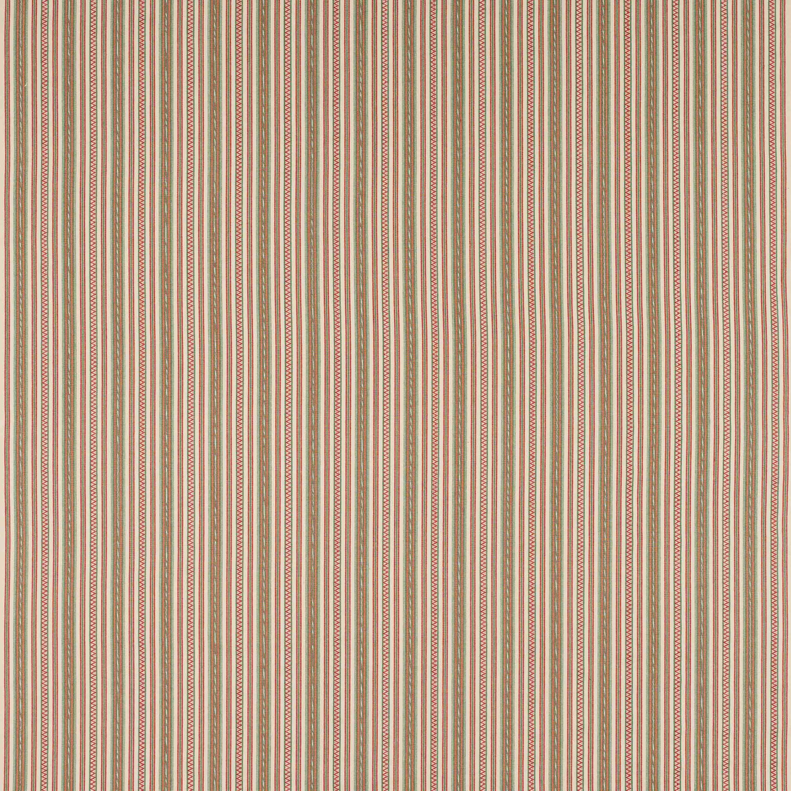 Ivory cotton fabric with narrow red and muted green vertical stripes