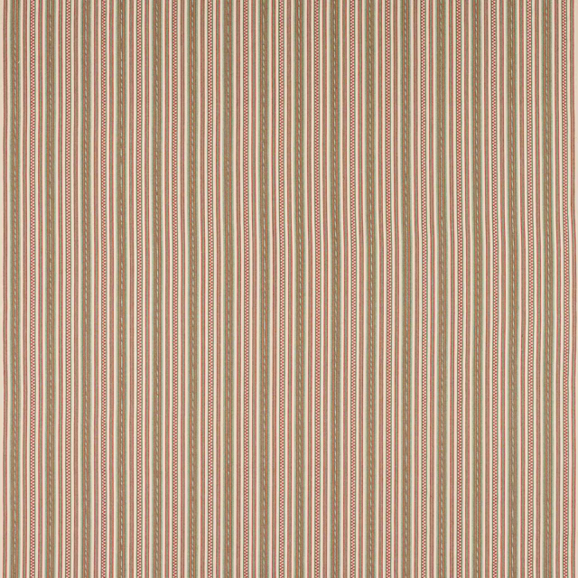 Ivory cotton fabric with narrow red and muted green vertical stripes