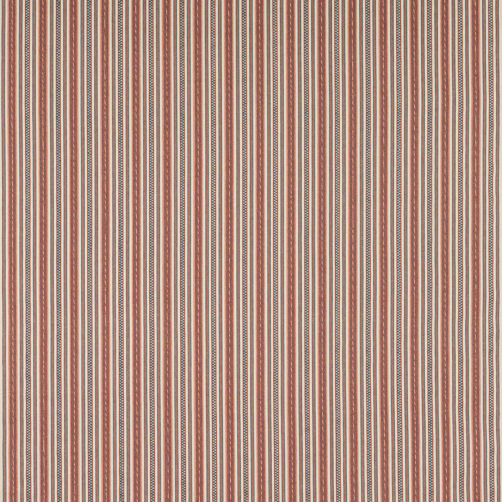 Vertical stripe fabric in muted red, indigo and cream with fine woven detail