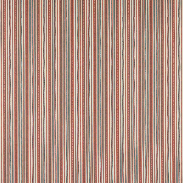 Vertical stripe fabric in muted red, indigo and cream with fine woven detail