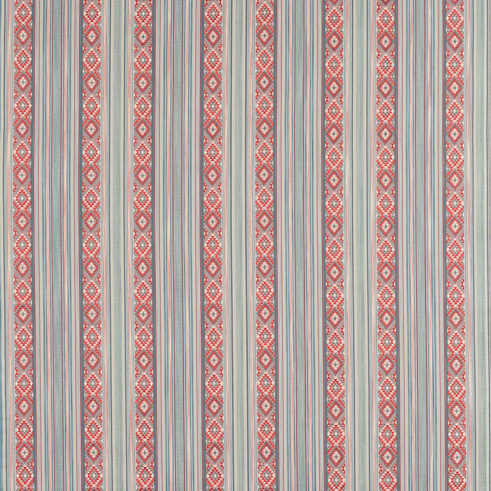 Pale blue striped fabric with coral geometric bands and fine woven pinstripes