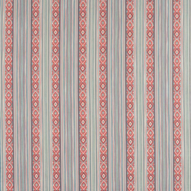 Pale blue striped fabric with coral geometric bands and fine woven pinstripes