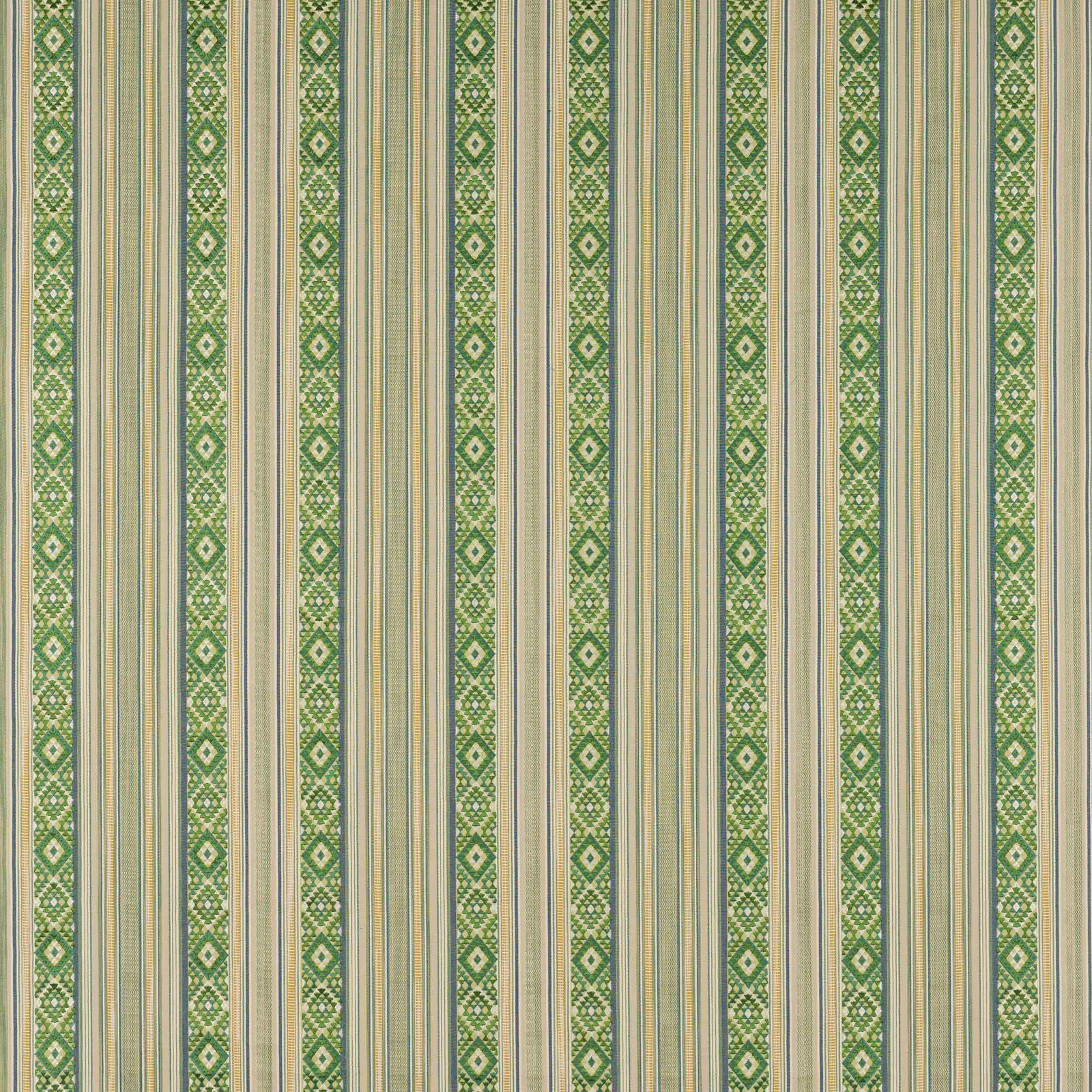 Vertical green and cream striped fabric with narrow geometric bands