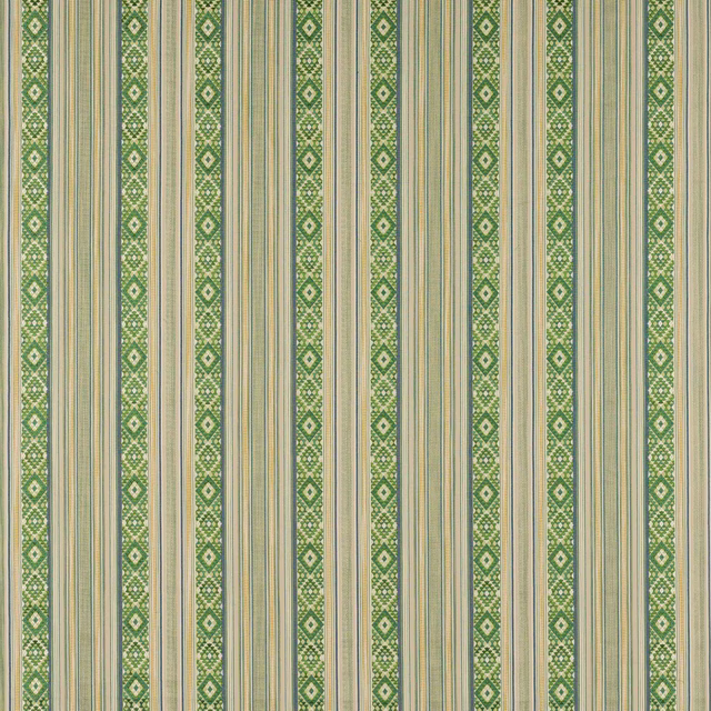 Vertical green and cream striped fabric with narrow geometric bands