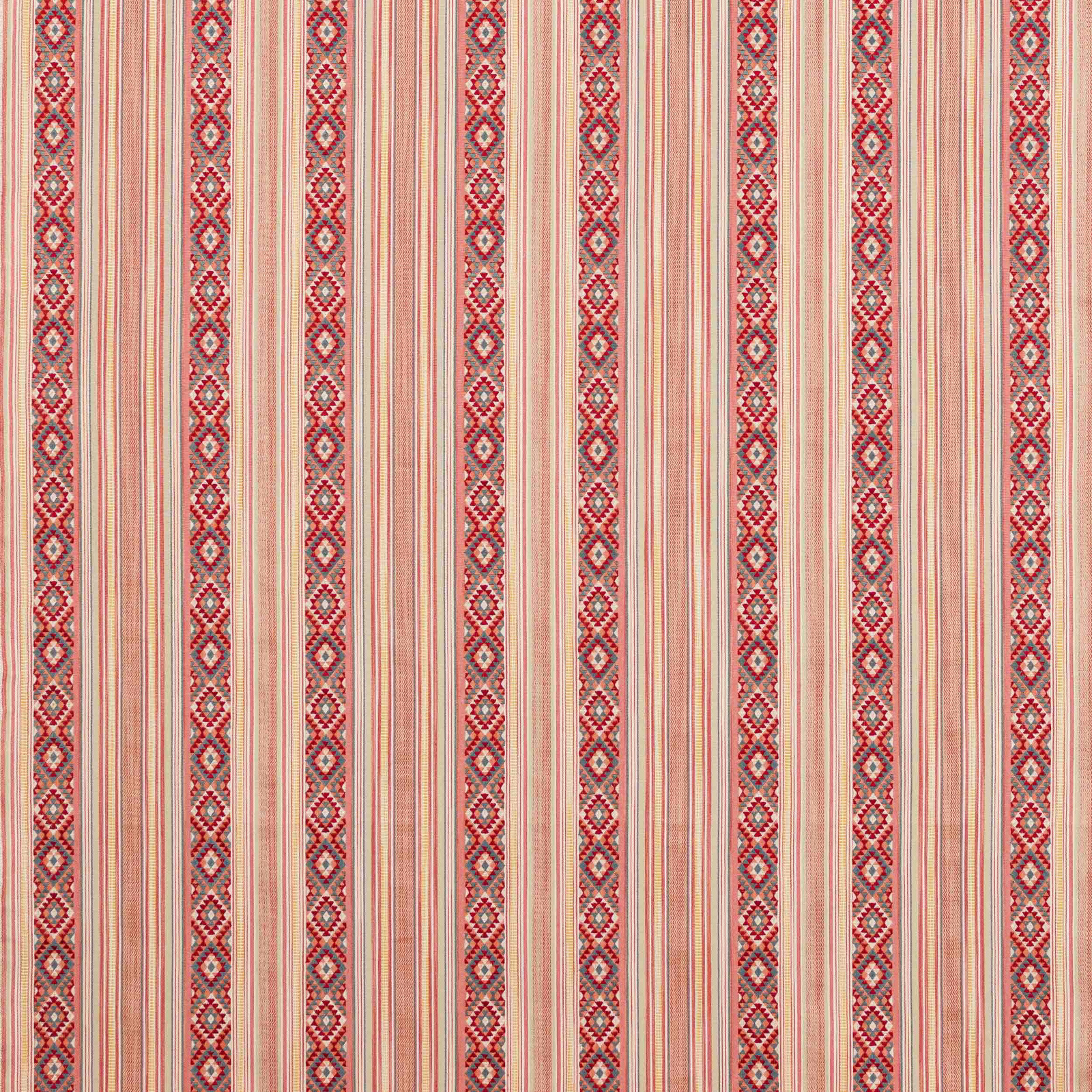 Vertical red and cream striped fabric with decorative geometric bands