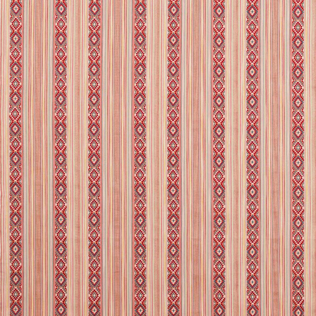 Vertical red and cream striped fabric with decorative geometric bands