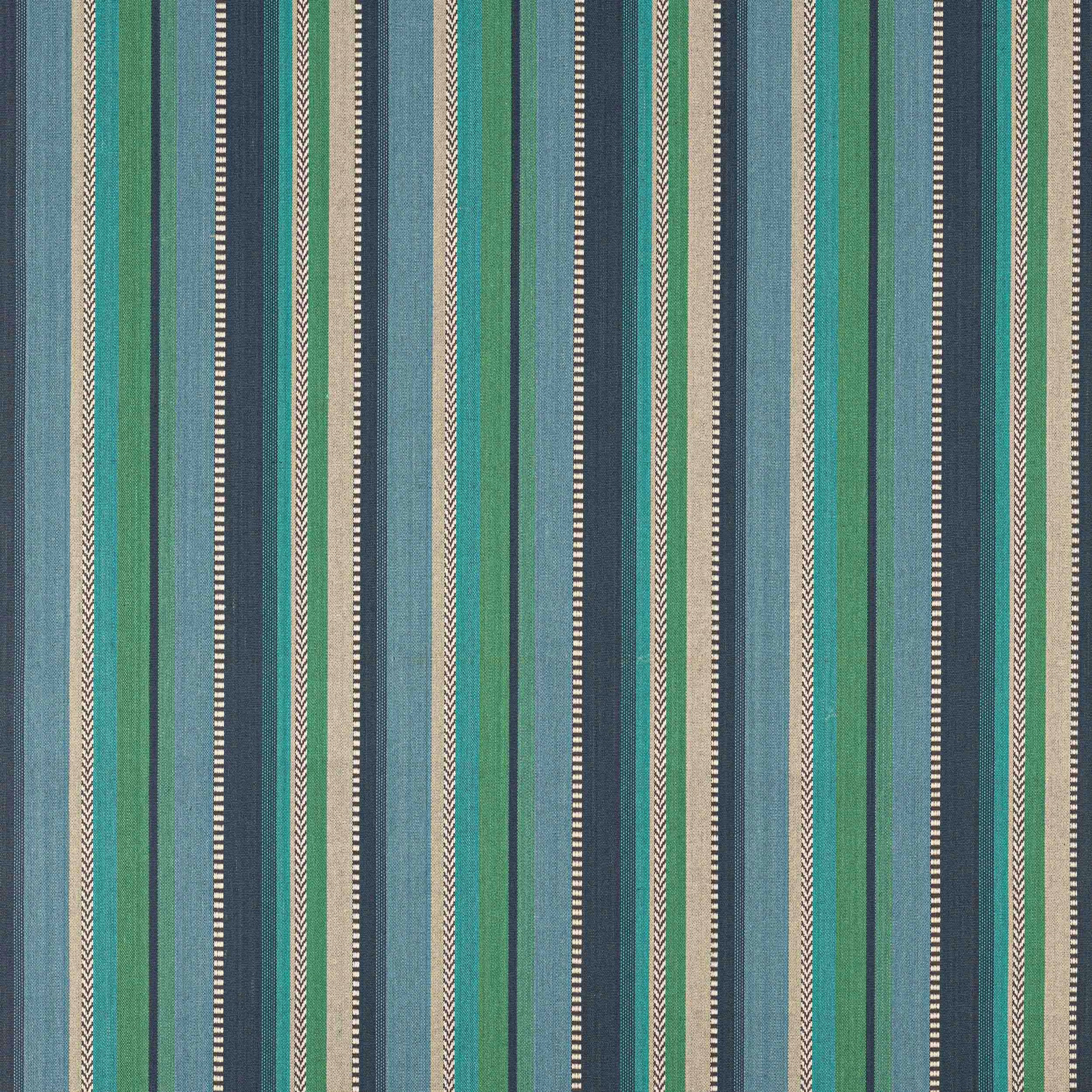 Vertical striped cotton swatch in teal blue, sage green and navy with narrow cream details