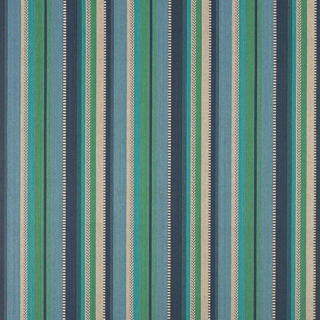 Vertical striped cotton swatch in teal blue, sage green and navy with narrow cream details