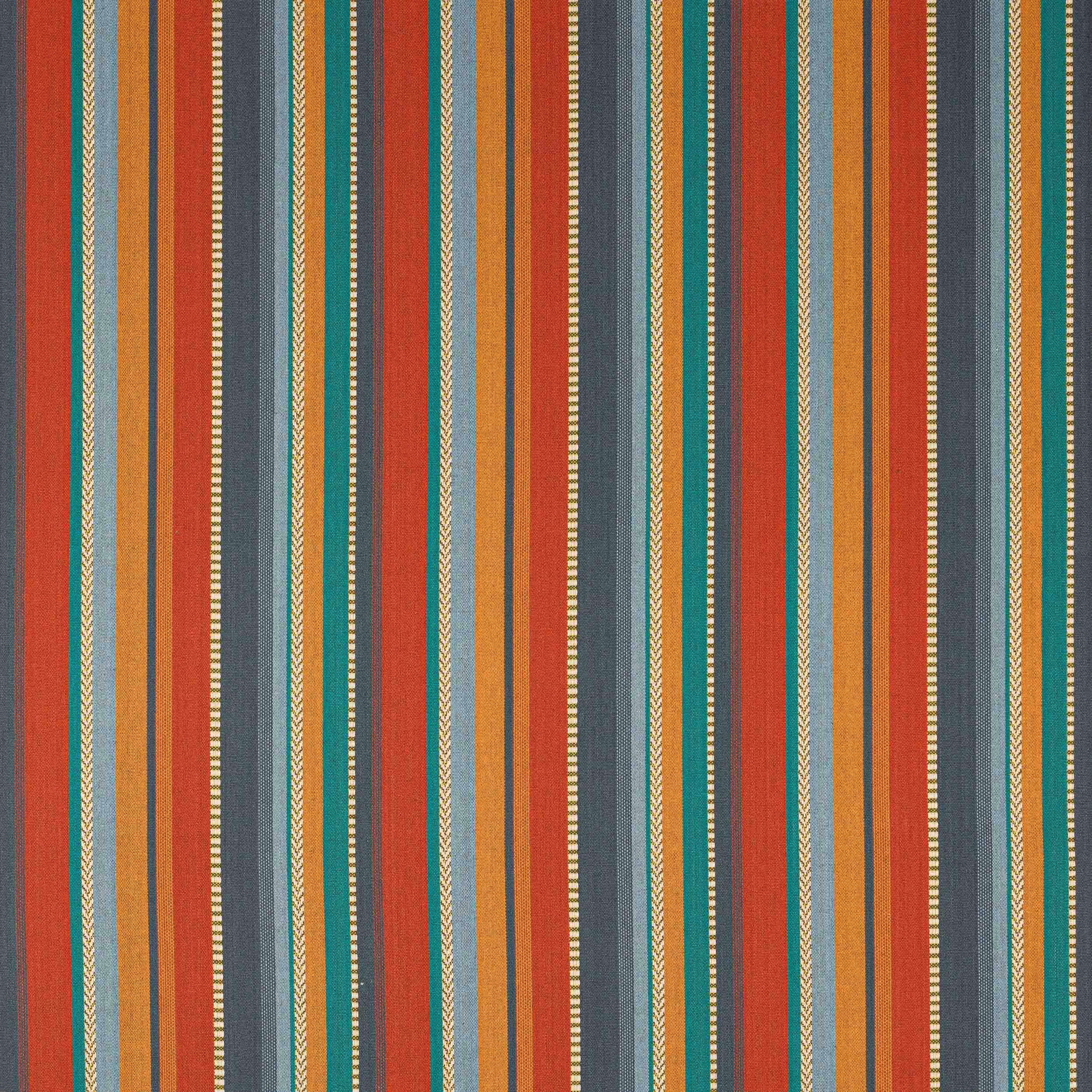 Vertical multicolour stripes in teal, orange, grey and coral on woven cotton