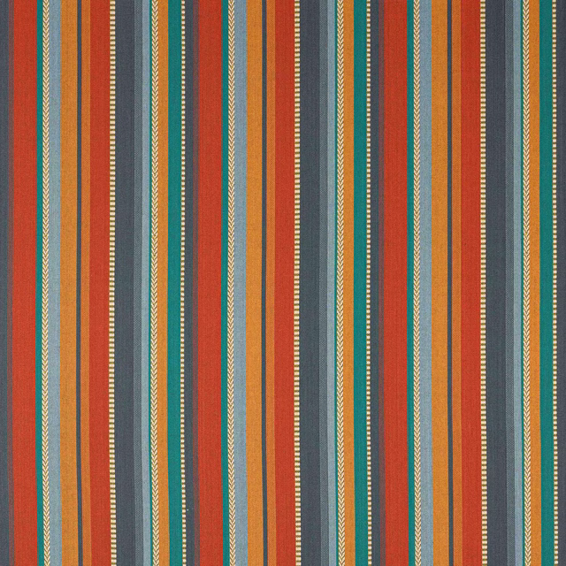 Vertical multicolour stripes in teal, orange, grey and coral on woven cotton