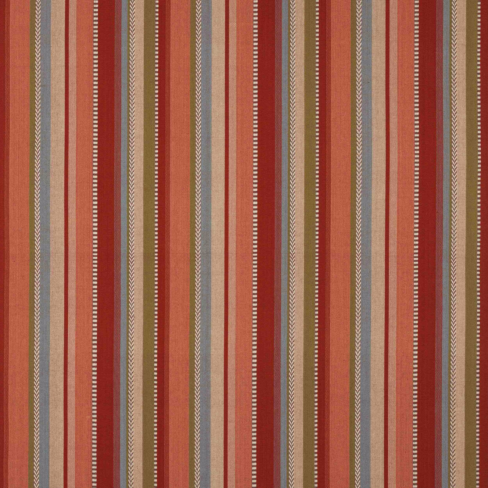 Vertical striped cotton swatch in brick red, sage, taupe and dusty blue-grey