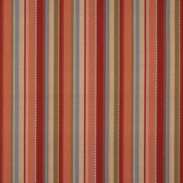 Vertical striped cotton swatch in brick red, sage, taupe and dusty blue-grey