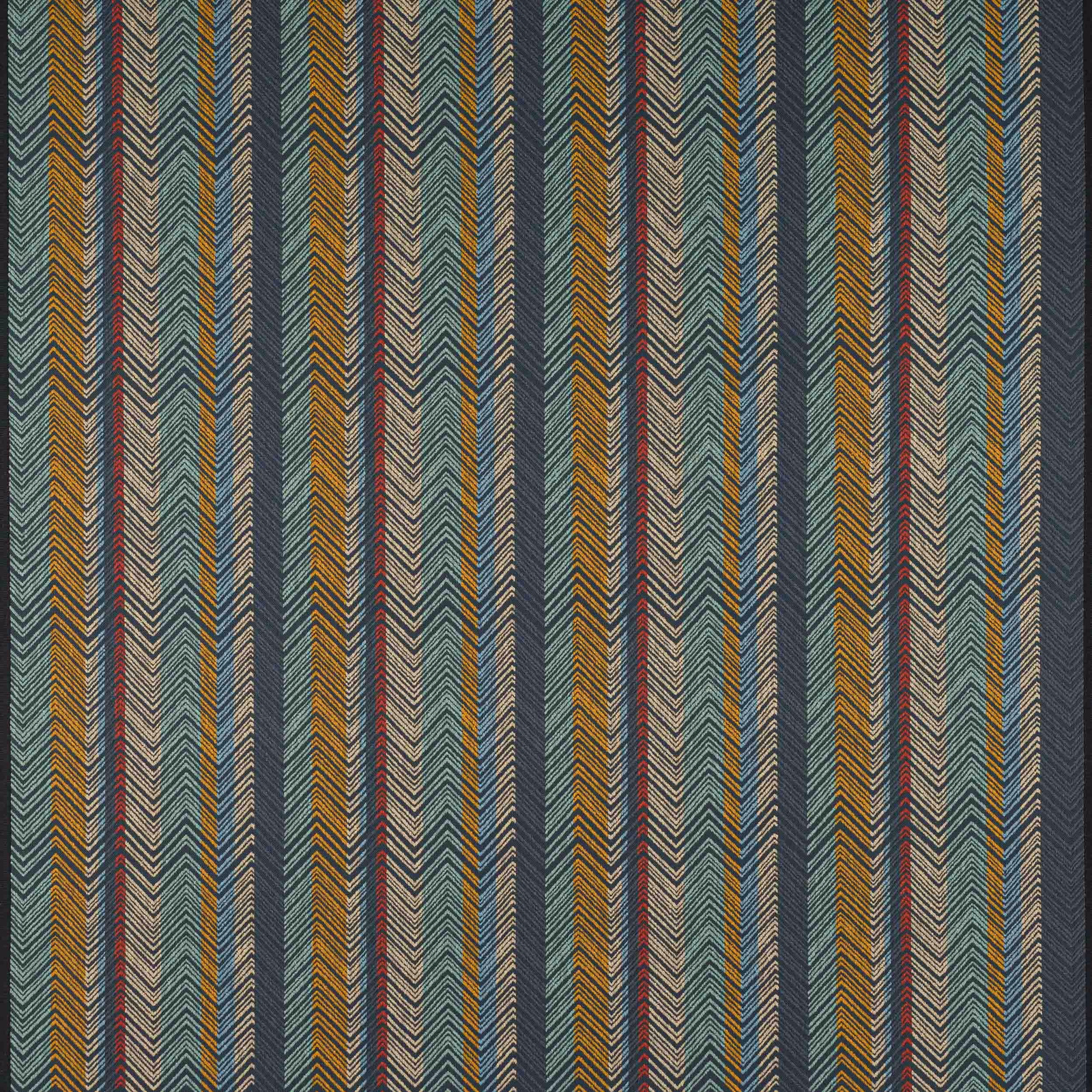 Vertical blue-grey striped fabric with multicoloured chevron bands and woven texture