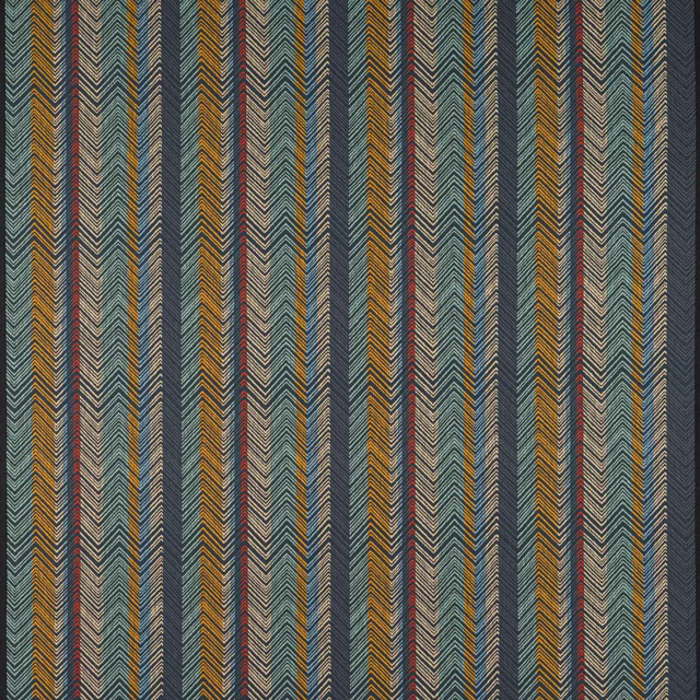 Vertical blue-grey striped fabric with multicoloured chevron bands and woven texture