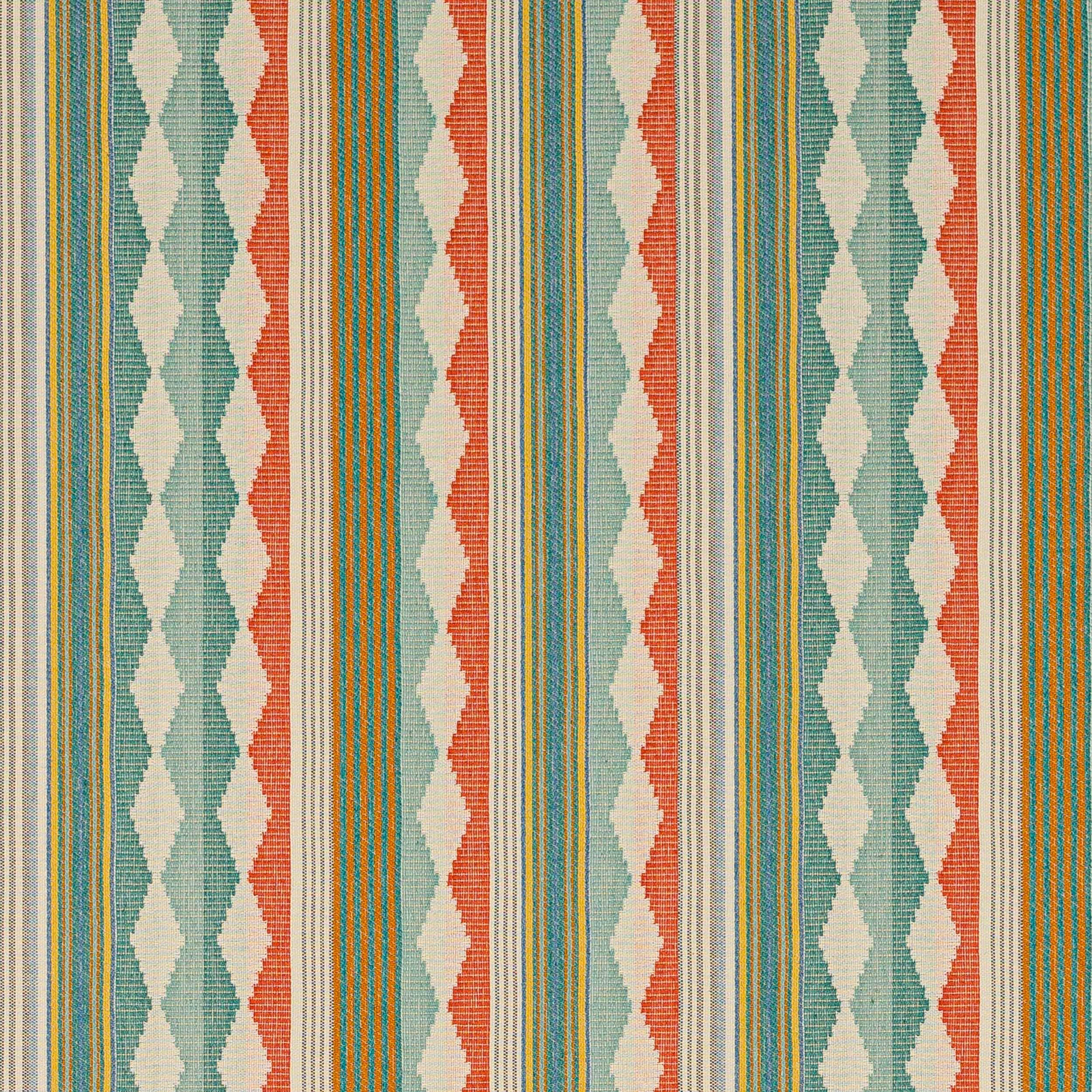 Aqua, coral and cream woven stripe swatch with zigzag bands and fine texture