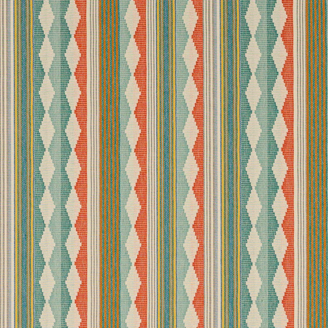 Aqua, coral and cream woven stripe swatch with zigzag bands and fine texture