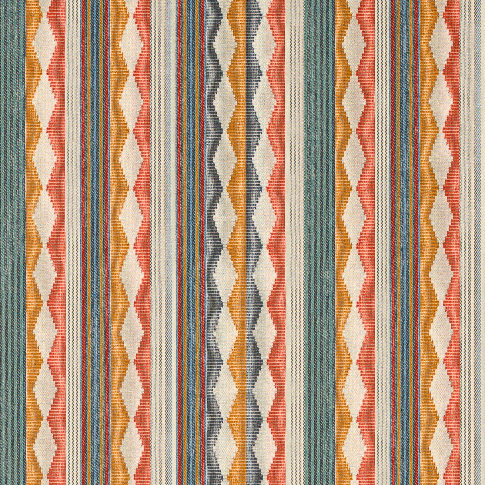 Woven stripe fabric with indigo, cream, coral, mustard and teal bands