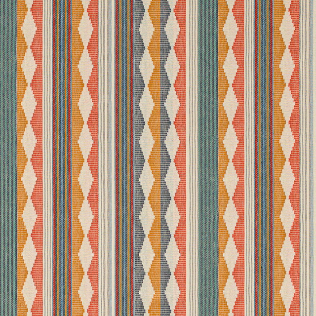 Woven stripe fabric with indigo, cream, coral, mustard and teal bands