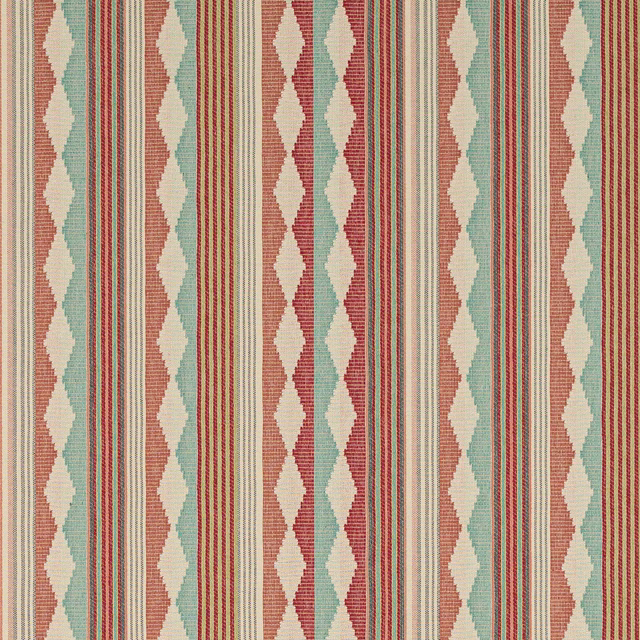 Blush pink and aqua woven stripe fabric with diamond motifs and fine cream bands