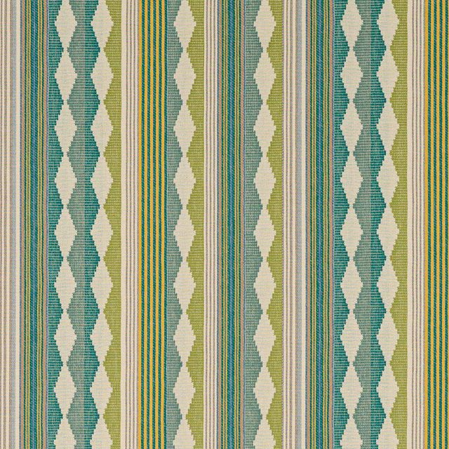 Teal and green vertical striped fabric swatch with cream diamond bands