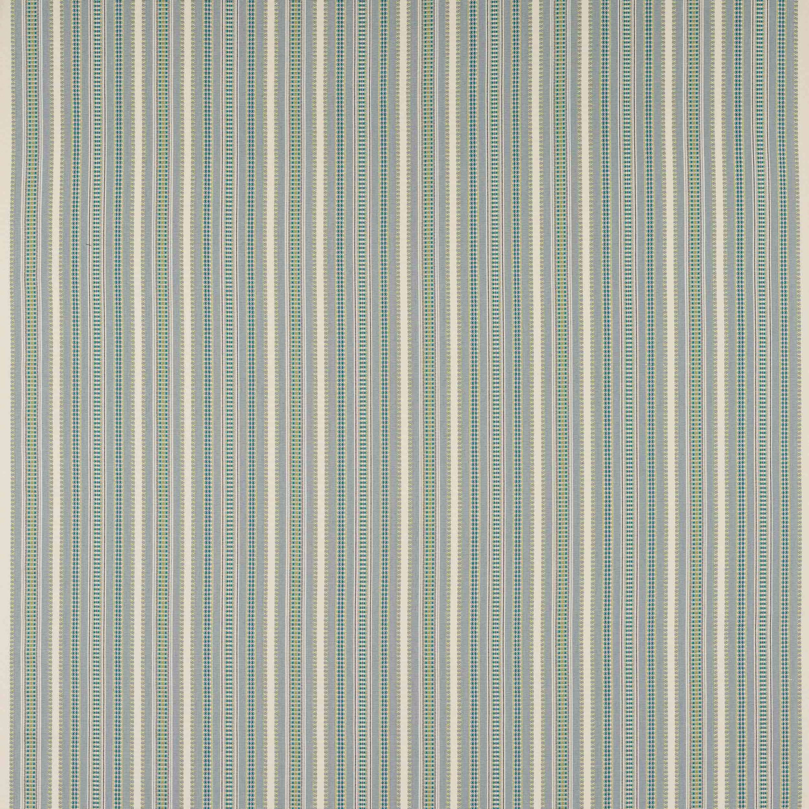Vertical narrow aqua, lime and cream striped cotton fabric swatch