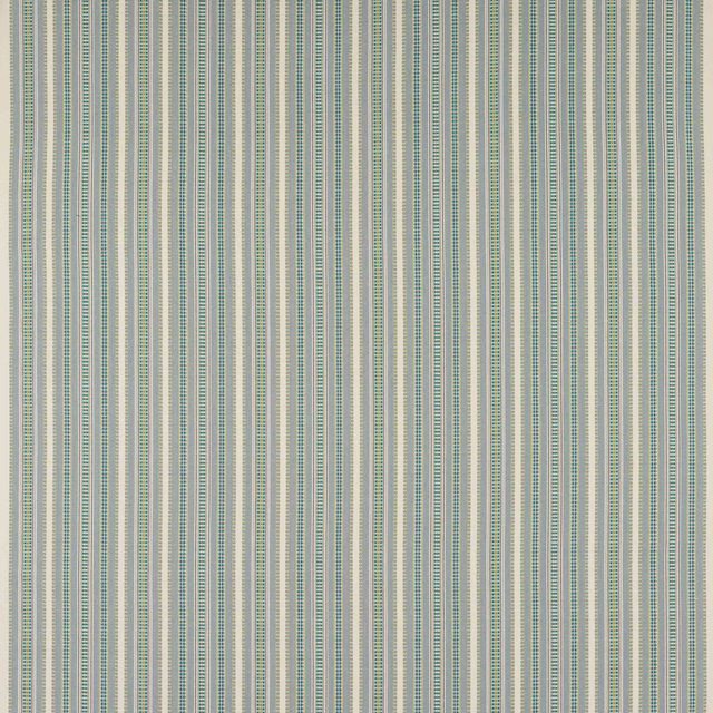 Vertical narrow aqua, lime and cream striped cotton fabric swatch