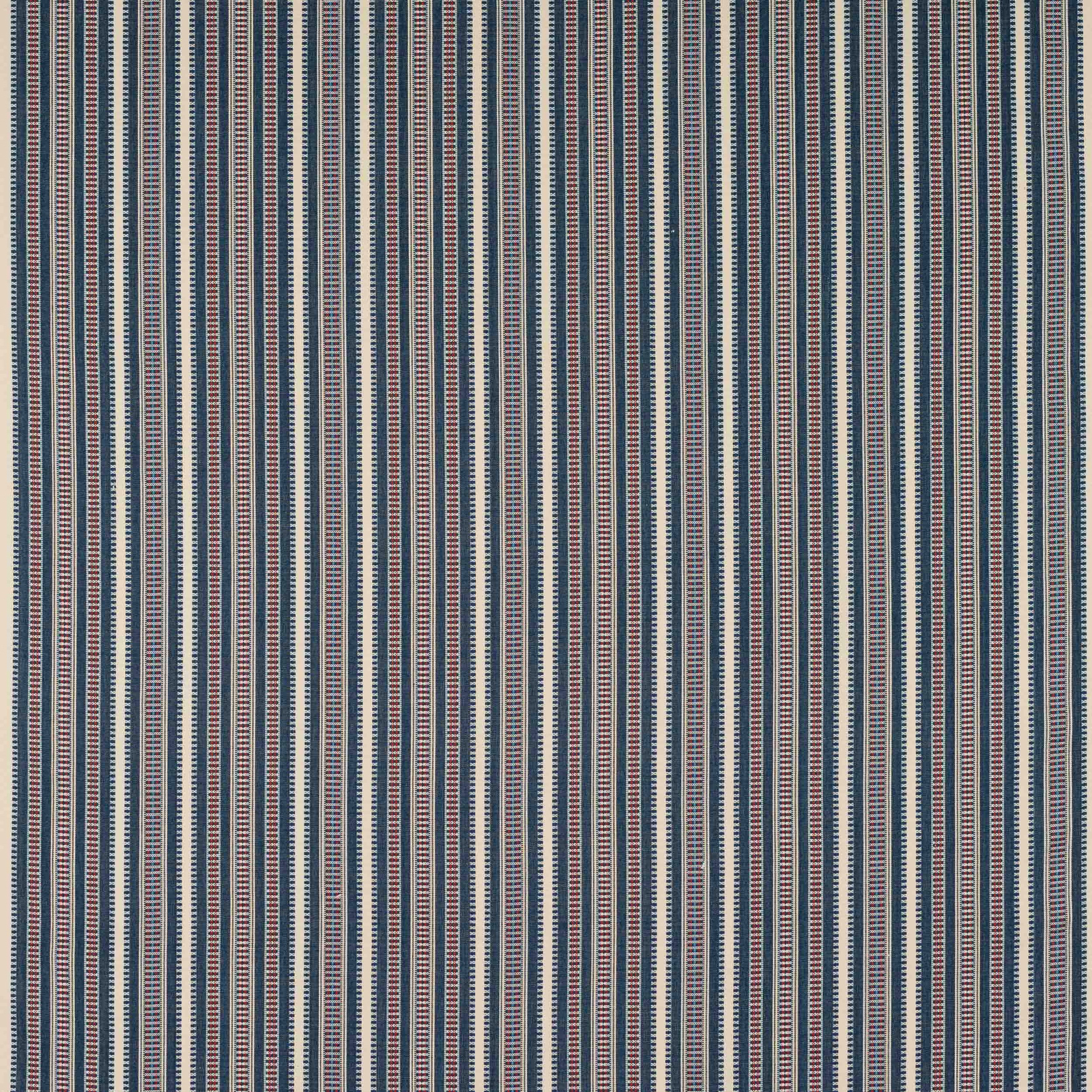 Vertical indigo and navy pinstripes with muted red accents on a pale ground