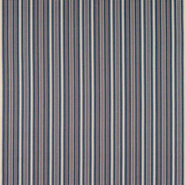 Vertical indigo and navy pinstripes with muted red accents on a pale ground