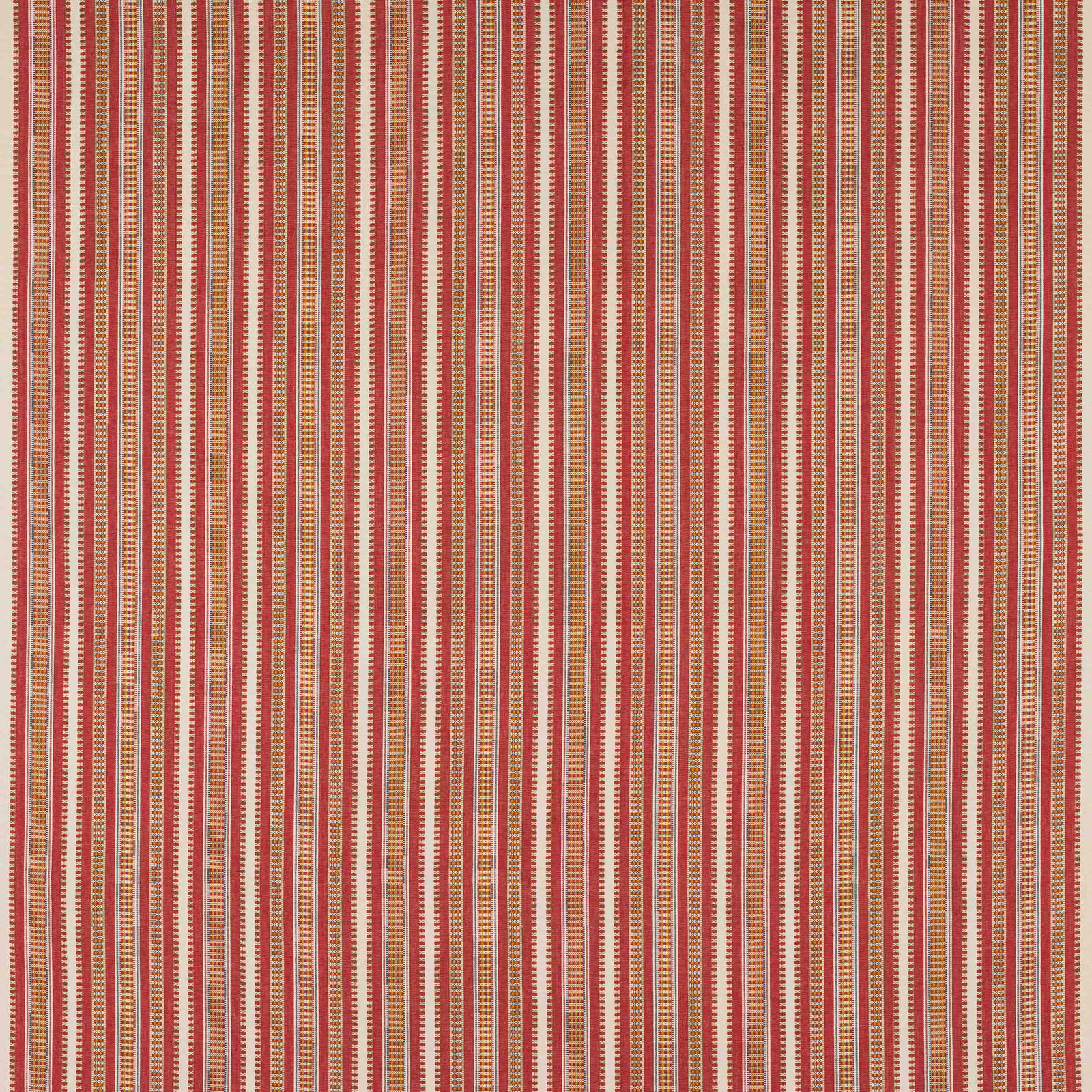 Vertical narrow red, cream and tan striped cotton fabric swatch
