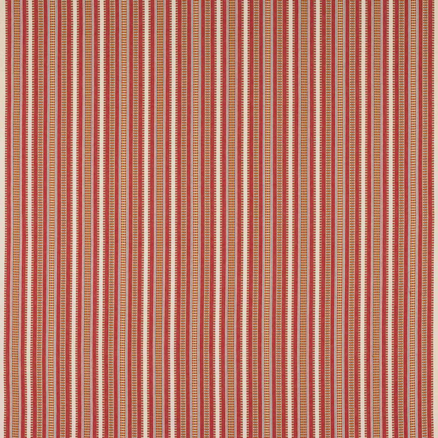 Vertical narrow red, cream and tan striped cotton fabric swatch