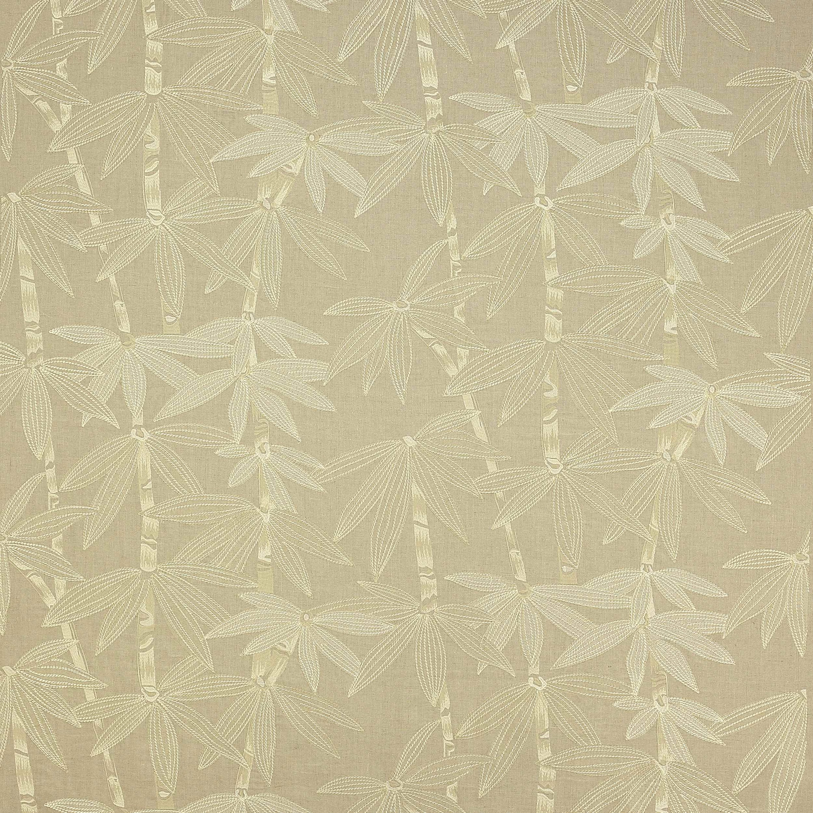 Warm beige botanical fabric with pale leaf motifs and vertical stems