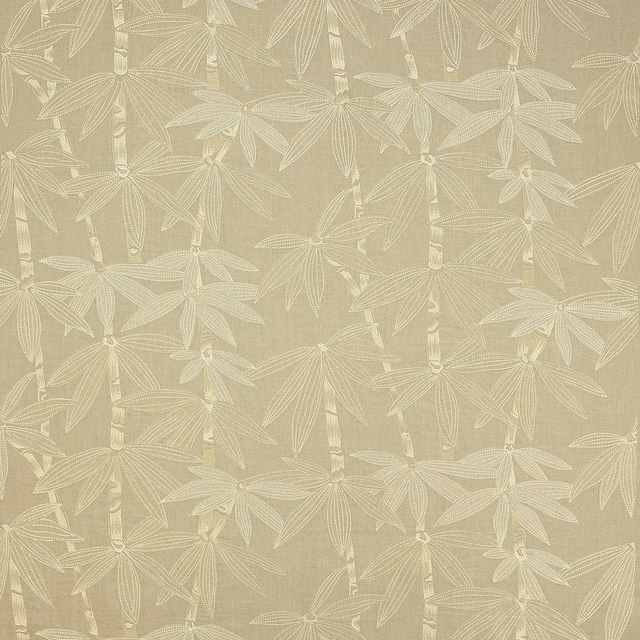 Warm beige botanical fabric with pale leaf motifs and vertical stems