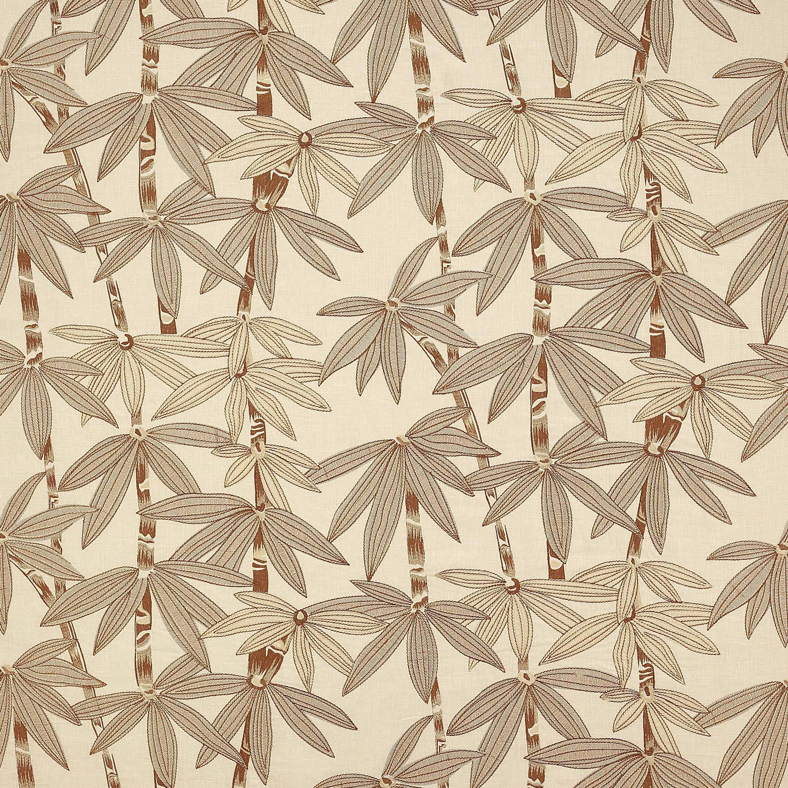 Beige botanical linen-blend fabric with large leaf motif and terracotta stems